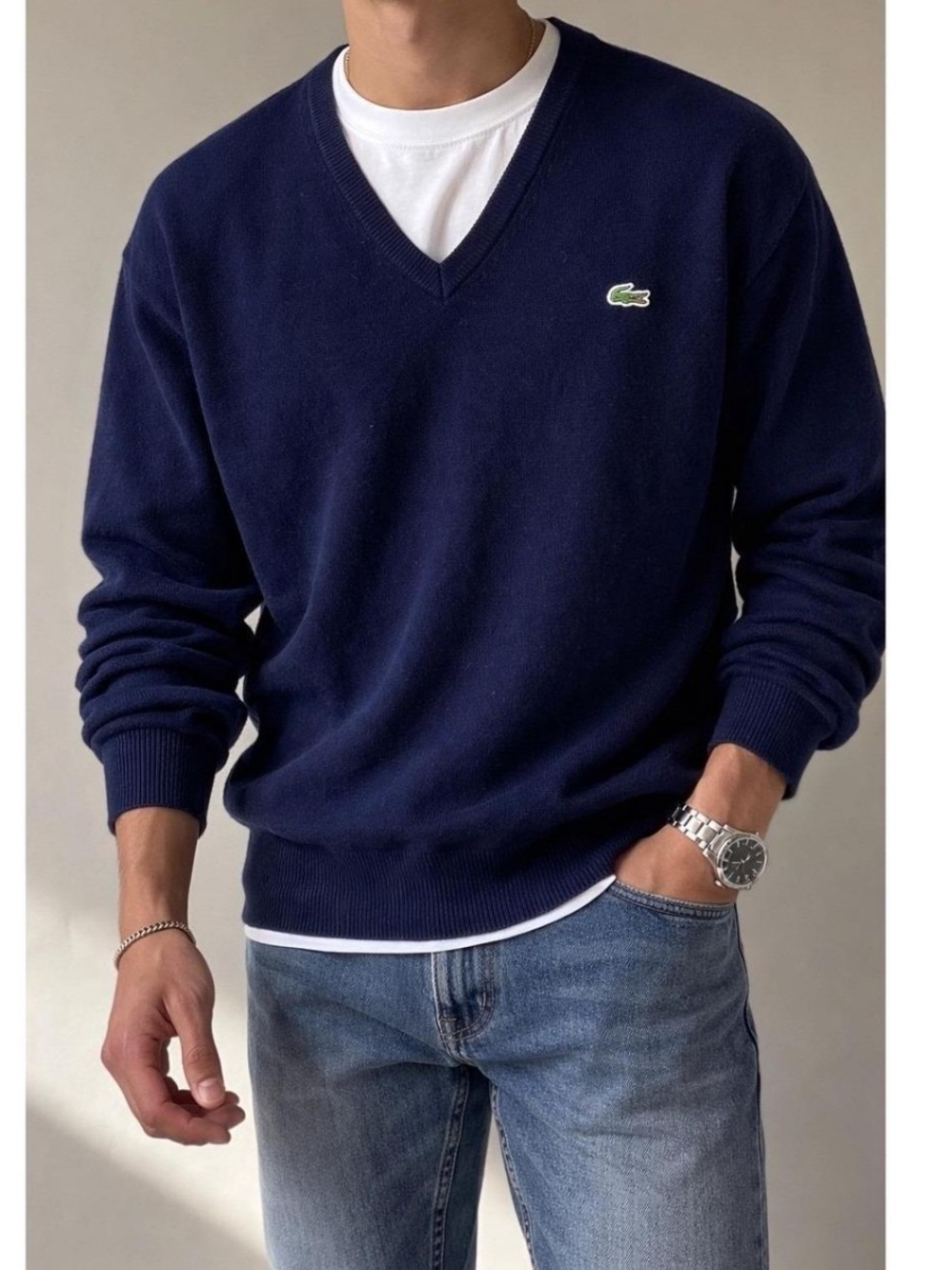 VTG Izod Lacoste Navy V-Neck Pullover Sweater Men's Size Large USA